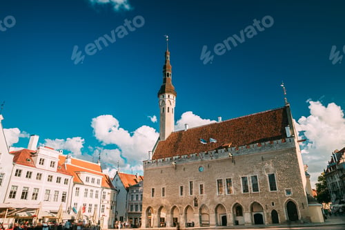 Preview: Tallinn, Estonia. Famous Old Traditional Town Hall Square In Sunny Summer Evening. Famous Landmark