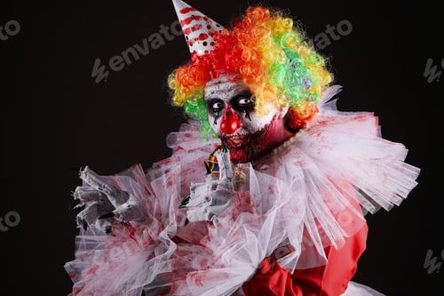 Preview: Terrifying clown on black background. Halloween party costume