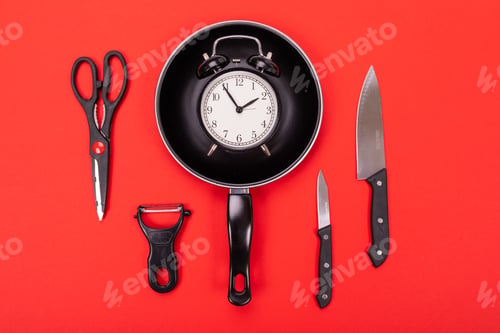 Preview: Top view of cooking utensils composition in kitchen isolated on red background