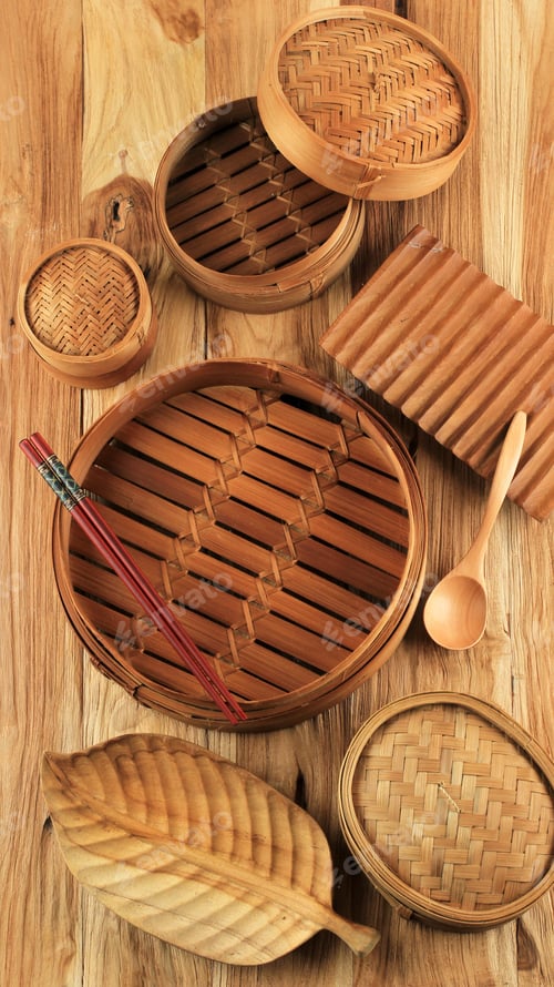 Preview: Wooden Asian Food Steamer Baskets and Utensils