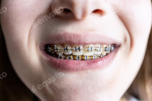 Preview: front view of dental braces on teeth of teenager