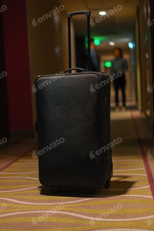 Preview: A black travel suitcase stands in the hotel corridor concept flights and travel