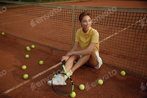 Preview: Happy smiling woman tennis player sitting on court among scattered balls