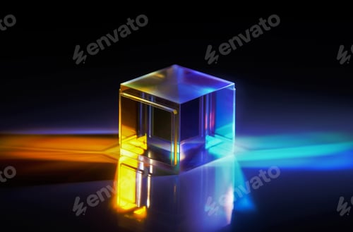 Preview: Beautiful cube prism reflection the magnificent colors of light on a black surface