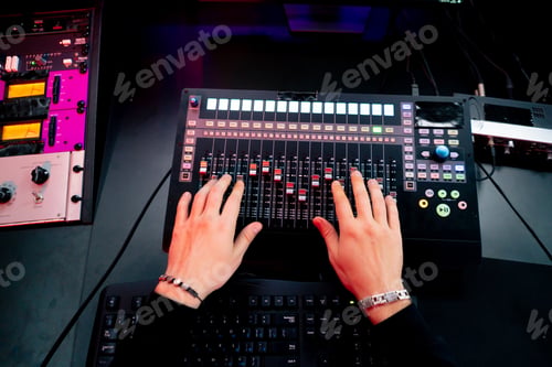 Preview: top shot the recording room dark with neon lighting in the studio the sound engineer works with the
