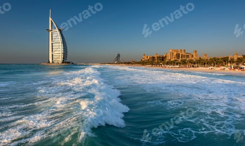 Preview: Cityscape of Dubai, United Arab Emirates, with the Burj Al Arab skyscraper on the coastline of the