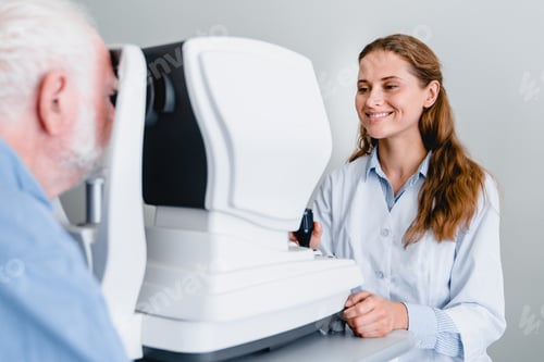 Preview: Female ophthalmologist with cheerful smile is checking up old gentleman`s vision