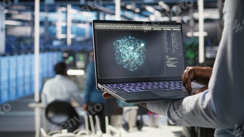 Preview: Close up of data center admin using machine learning algorithms on laptop