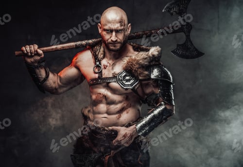 Preview: Violent topless viking holding huge axe on his shoulder in smokey background