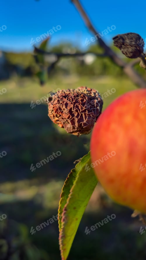 Preview: An apple tree covered in mold and rot on a branch. Fruit disease. Moniliosis
