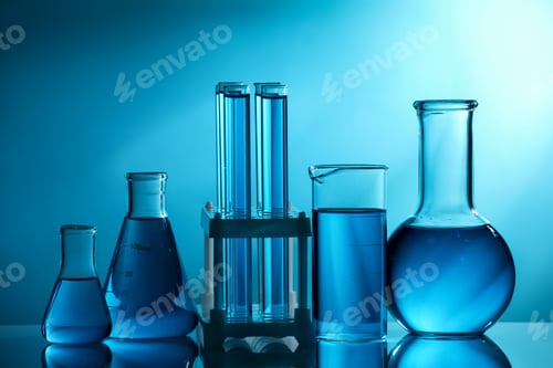 Preview: Laboratory glassware with liquid on mirror surface against blue background