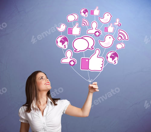 Preview: Young Pretty Woman Holding Social Icon Balloon