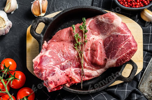Preview: Raw pork cutlet steak in a pan. Piece of raw meat ready for preparation with greens and spices