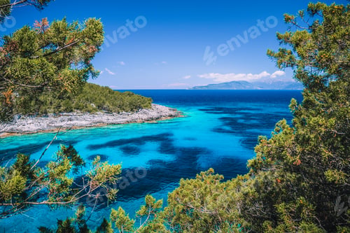 Preview: Dafnoudi beach in Kefalonia, Greece. Fascinating clean turquoise sea water color. Stunning charming