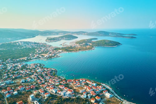 Preview: Aerial view of Rogoznica, Croatia. Islands in Adriatic sea and coastal town
