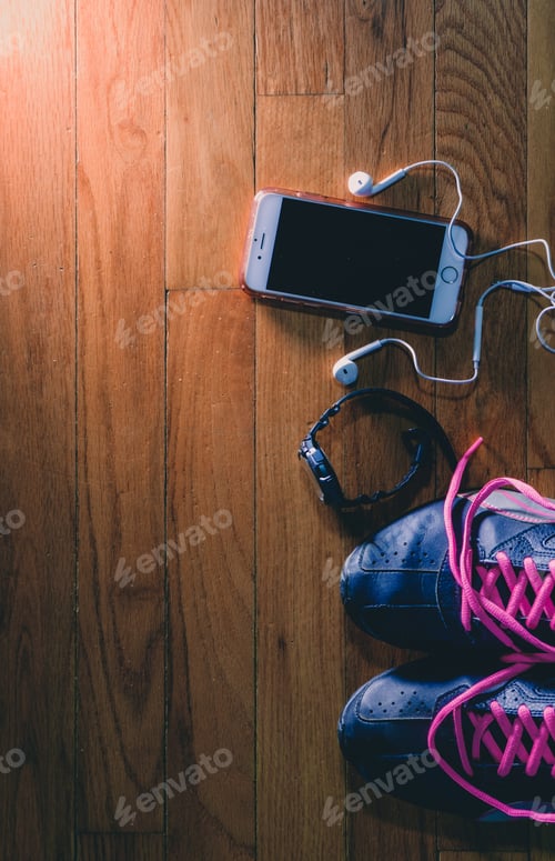 Preview: Exercise and fitness, smartphone, workout shoes, and fitness tracker