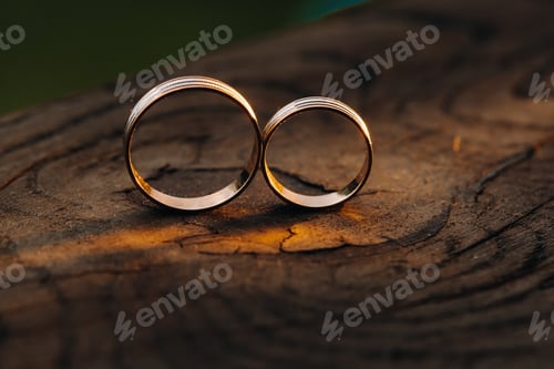 Preview: Two wedding engagement rings on a wooden base For a gold ring of a loving wedding couple.Concept of