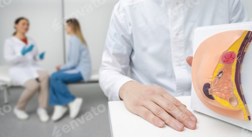 Preview: Preventive examination and palpation by mammalogist of female patient, during which doctor shows