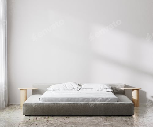 Preview: Interior bedroom wall mock up, scandinavian style, white empty wall, 3d render