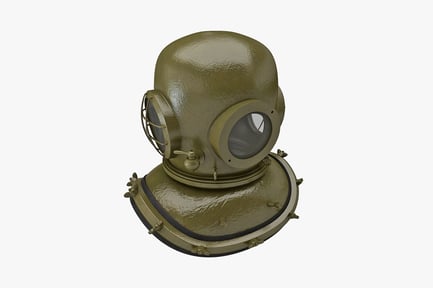 Vista previa: Casco de buceo de metal con ventana circular y accesorios laterales