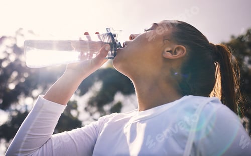 Preview: Drinking water, fitness and running with a sports woman outdoor for a cardio or endurance workout.