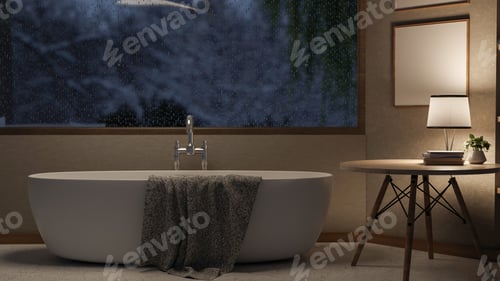 Preview: A contemporary bathroom on a rainy night showcases a luxurious bathtub by the window.