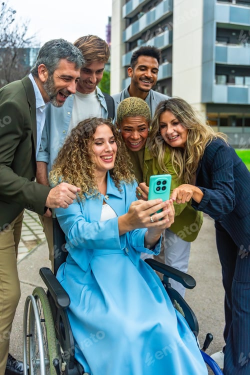 Preview: Diverse business team viewing smartphone in city