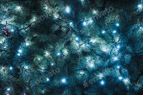 Preview: beautiful fir twigs with illuminated garland, christmas background