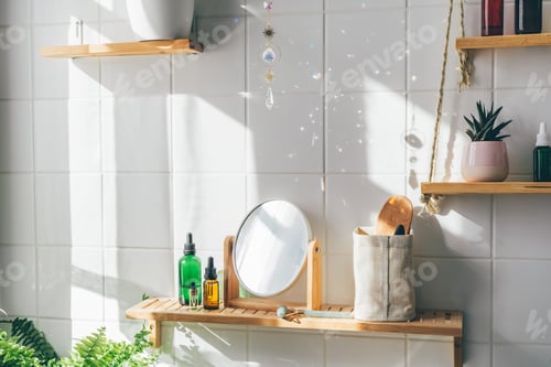 Preview: Sun catcher crystal making many sum beams and light spots on white tile wall