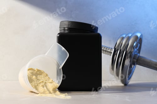 Preview: Black plastic jar, measuring cup with powder and dumbbell on light background
