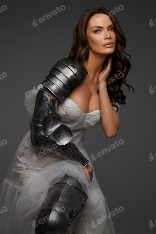 Preview: Stunning brunette model blends modern elegance and medieval armor