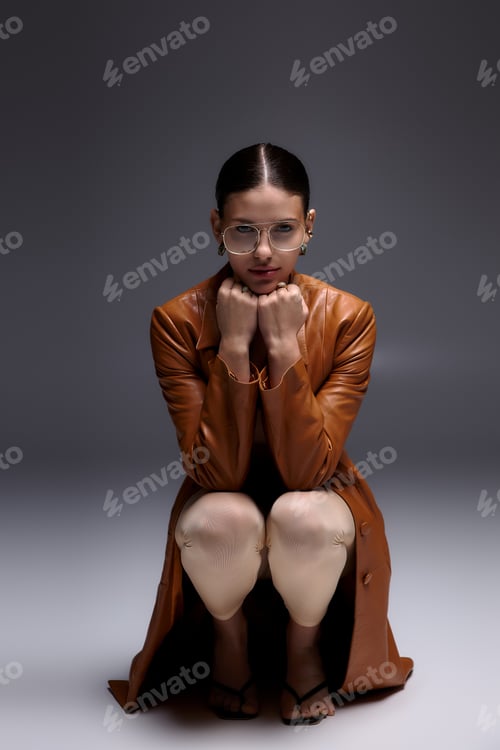 Preview: Stylish young woman poses gracefully in a chic leather coat and trendy glasses