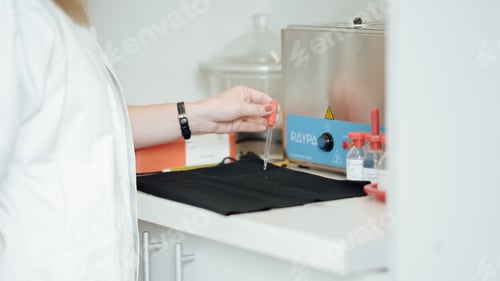 Preview: Scientist testing in a laboratory, soaking resistance of a black fabric
