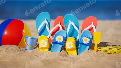 Preview: Family flip-flops, beach ball and snorkel on the sand. Summer vacation concept