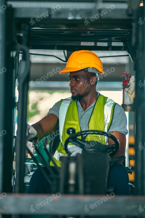 Preview: man in forklift cab, foreman job to working in industrial factory storage store of global business