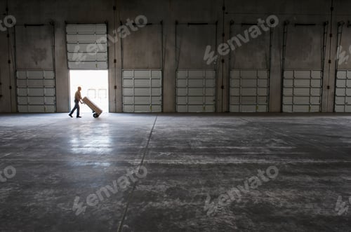 Preview: Man walking with loaded hand truck past loading dock doors in new empty warehouse.