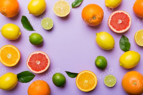 Preview: Flat lay of citrus fruits like lime, orange and lemon with lemon tree leaves