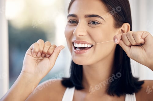 Preview: Flossing, dental and woman teeth cleaning for healthcare and wellness in a home bathroom. Healthy s