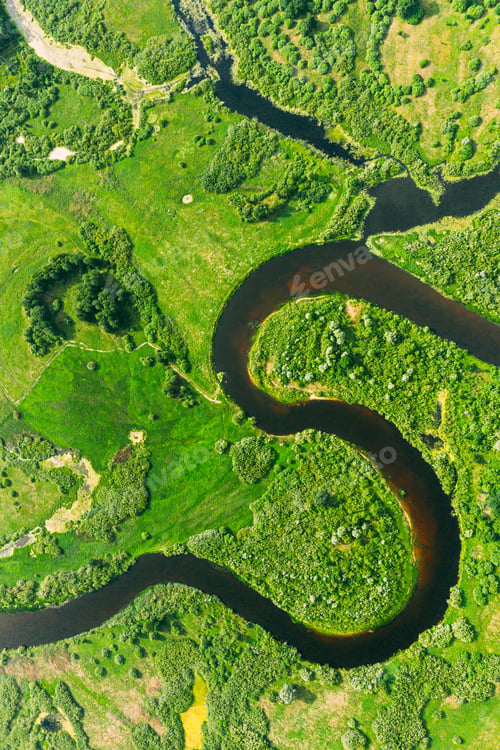 Preview: Aerial View Of Summer Curved River Landscape In Sunny Summer Day. Top View Of Beautiful European