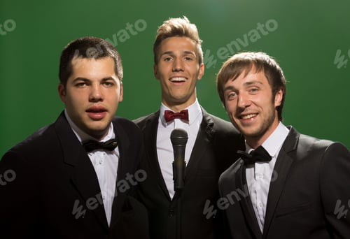 Preview: 3 Male Portraits, With Suits And Bow Ties, Green Background, Chroma Key. Inspired By Tv Show Poster