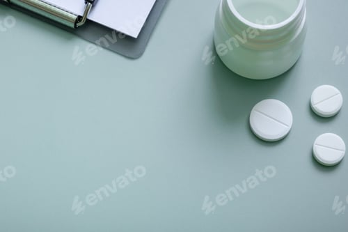 Preview: Pills and a tablet on colored background. Medical backdrop with copy space