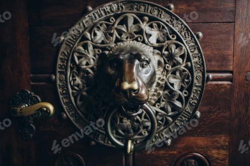 Preview: close up view of ancient lion head door handle, germany