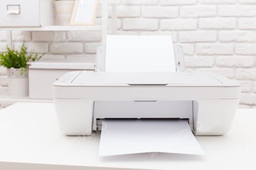 Preview: Modern printer in a well-lit office space producing documents with a clean aesthetic and organized