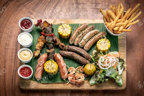 Preview: organic mixed grill barbecue meat platter rustic set meal