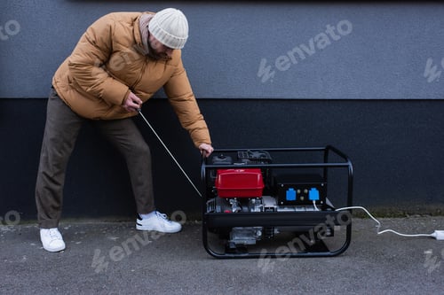 Preview: man in down jacket starting power generator during electricity shutdown