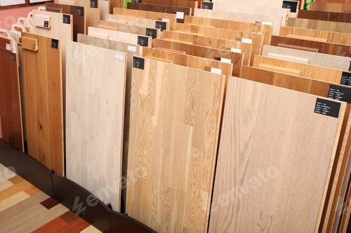 Preview: Many different samples of wooden flooring in store