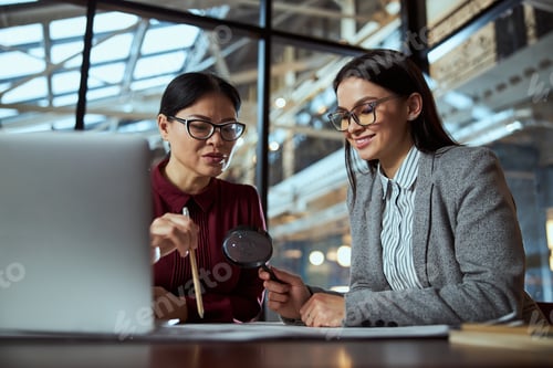 Preview: Cheerful female person consulting with her colleague