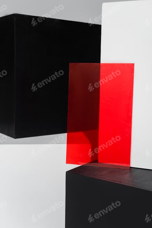 Preview: abstract background with transparent glass near black and white cubes isolated on grey