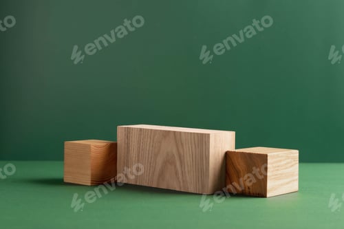 Preview: Abstract empty podium wooden geometric shapes, green background. Template for demonstrating products