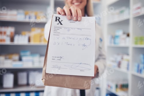 Preview: Woman, pharmacist and hand with paper bag for prescription, note or doctor certificate at pharmacy.